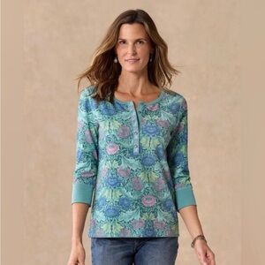 Sundance The Rosehips Thermal Henley Aqua Floral Top Size Medium Petite